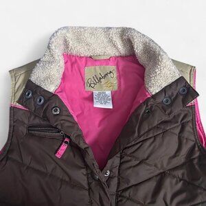 Billabong brown puffer vest with pink accents and Sherpa lining
